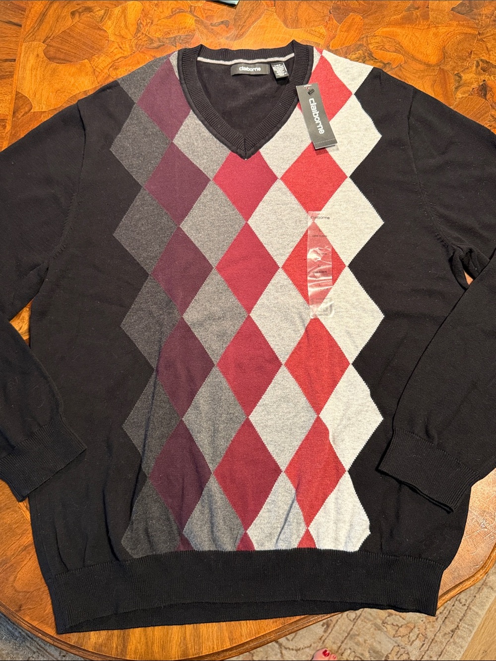 Claiborne Men’s Black V-Neck Argyle Sweater with Red and Gray Diamonds